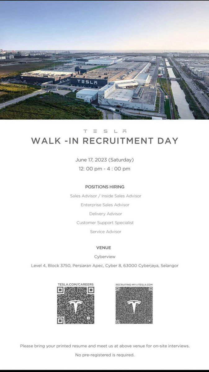 tech_lagi's tweet photo. Tesla Malaysia dah panggil gais.

Sekiranya berminat, korang boleh datang temu duga terbuka (walk in) di Cyberjaya pada 17 Jun ini.

Semoga berjaya! https://t.co/7EaDoFAQOw