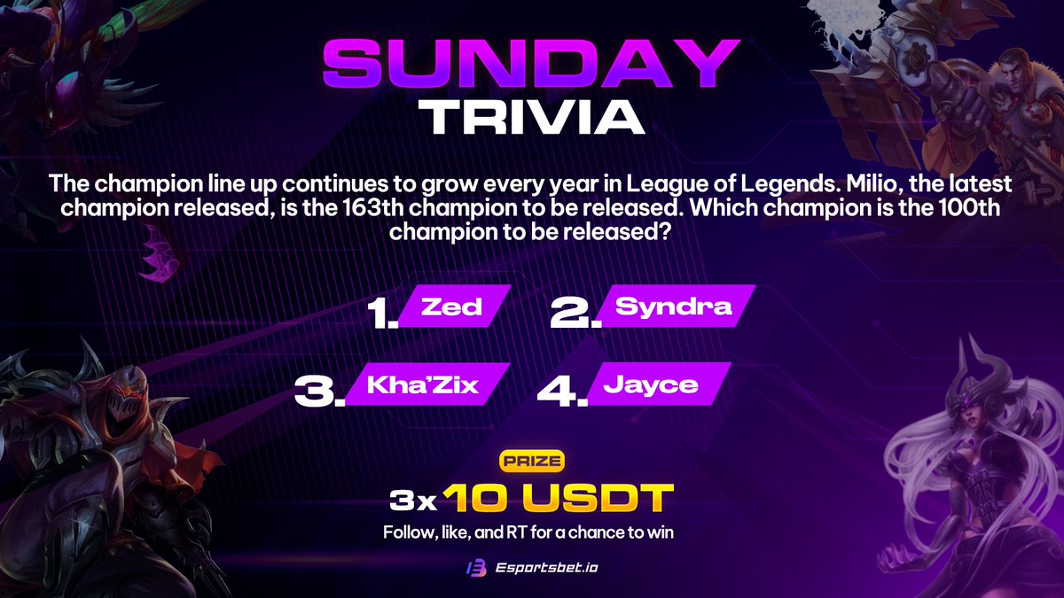 🚨Another Sunday, another trivia!

1⃣ANSWER this LoL question in the comments!
2⃣RETWEET this post + FOLLOW us!
3⃣WIN 3x 10 $USDT on your balance!

#ESBSundayTrivia #Dota #Dota2 #LeagueofLegends #CSGO #counterstrike2 #CS2 #betting #gambling #esports #crypto