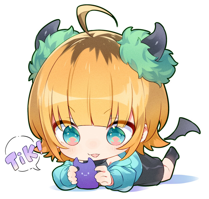 1girl horns chibi solo wings ahoge lying  illustration images