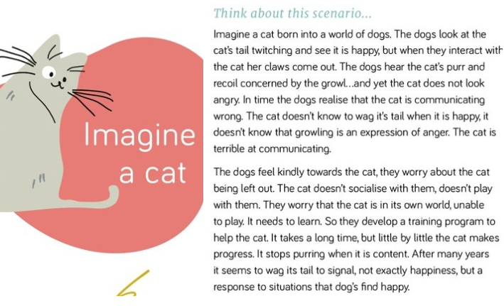 Imagine a cat born into a world of dogs: secure.viewer.zmags.com/publication/d4… ...the cat doesn't know how to wag its tail when it is happy, it doesn't know that growling is an expression of anger. The cat is terrible at communicating.... #actuallyautistic #SEND #SENCO #autismacceptance #ASD