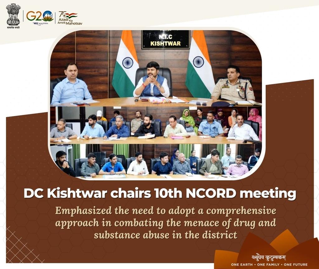 #NashaMuktJK
DC Kishtwar chairs 10th NCORD meeting; emphasizes the need to adopt a comprehensive approach in combating the drug menace
@diprjk
@PIBSrinagar 
@ddnews_jammu 
@ddnewsSrinagar