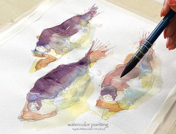 干物を描くWS終わりました。初参加の方の描画途中。また一つ銘作が生まれました。皆さんお疲れ様でした! #Watercolor #スケッチ #水彩画 #水彩画ワークショップ #京都の絵画教室 #淡彩略画 #風景画 #透明水彩 #京都水彩画塾 #藤田わへい