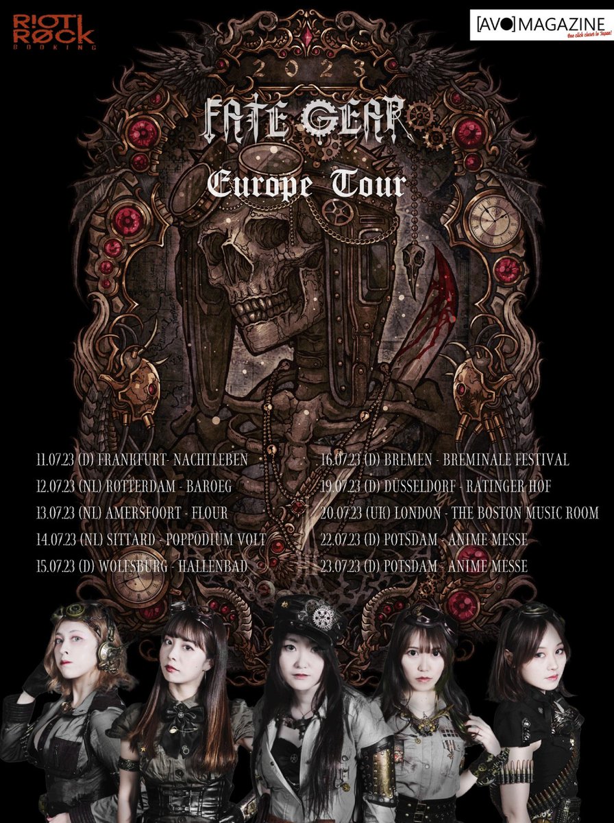 In one month's time, steampunk metal band #FATEGEAR will kick off their third European tour, with shows in Germany, the Netherlands and the UK. Which show(s) are you going to attend?

#AVOMagazine #RiotRockBooking @FATEGEAR_JP #Europeantour #musicfromJapan #Japanesemetal