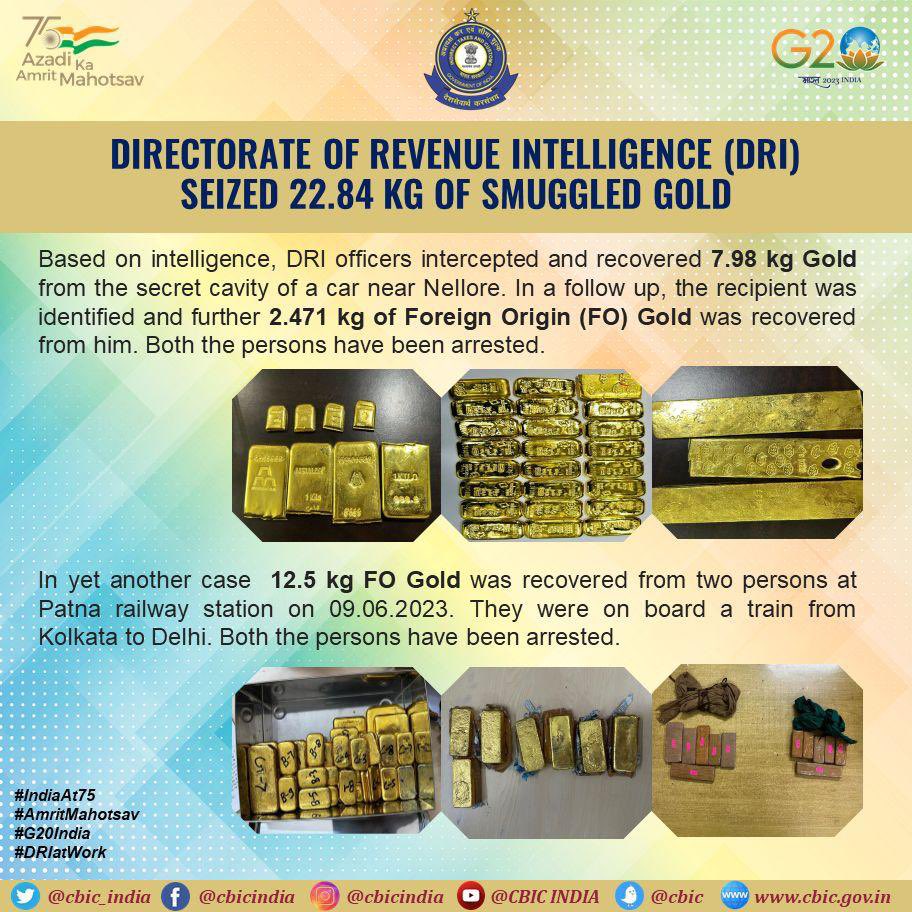Directorate of Revenue Intelligence (DRI) seized 22.84 Kg of Smuggled Gold in two cases at Nellore and Patna.

#DRIatWork