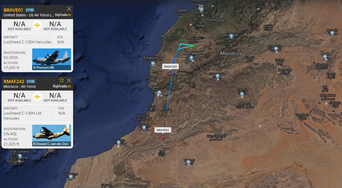 @bob_boobs @MoorishFighter @Blackhand04 Today the 🇺🇸92-0550&🇲🇦CN-AOJ C-130's are moving towards south likely to Zag الزاك ,after the exercises of the paratroopers carried out yesterday at the Ben Guerir Air Base.#AfricanLion23