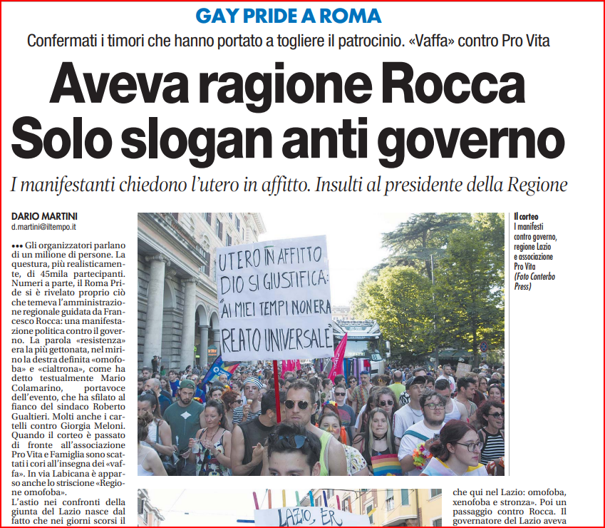 OrtigiaP's tweet photo. Sono riusciti ad emarginare persino i gay al #GayPride2023:  è diventato un #PdPride che oggi  incentra il suo programma solo sui diritti #LGBTQ. Aveva ragione il Presidente della @RegioneLazio  #FabrizioRocca:  un pride con contestazioni solo al governo e propaganda per l'#uteroinaffitto . E con la conseguente negazione della famiglia tradizionale. Il Carnevale è finito.. programmi per la sinistra cercasi