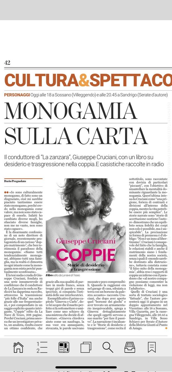 Cruciani questo pomeriggio a #villeggendo. Sossano (VI) ore 18,00.