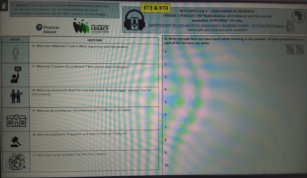 Another podcast activity 🎧 prepared for our #ALevel #History students @PearsonHistory who study #SouthAfrica 🌍This epi focuses on KT 3 & 4. Precise & provides essential contextual depth. Thanks @ciaraaoife @PentonStreetCML @nklrobinson @HeritageFundUK twitter.com/PentonStreetCM…