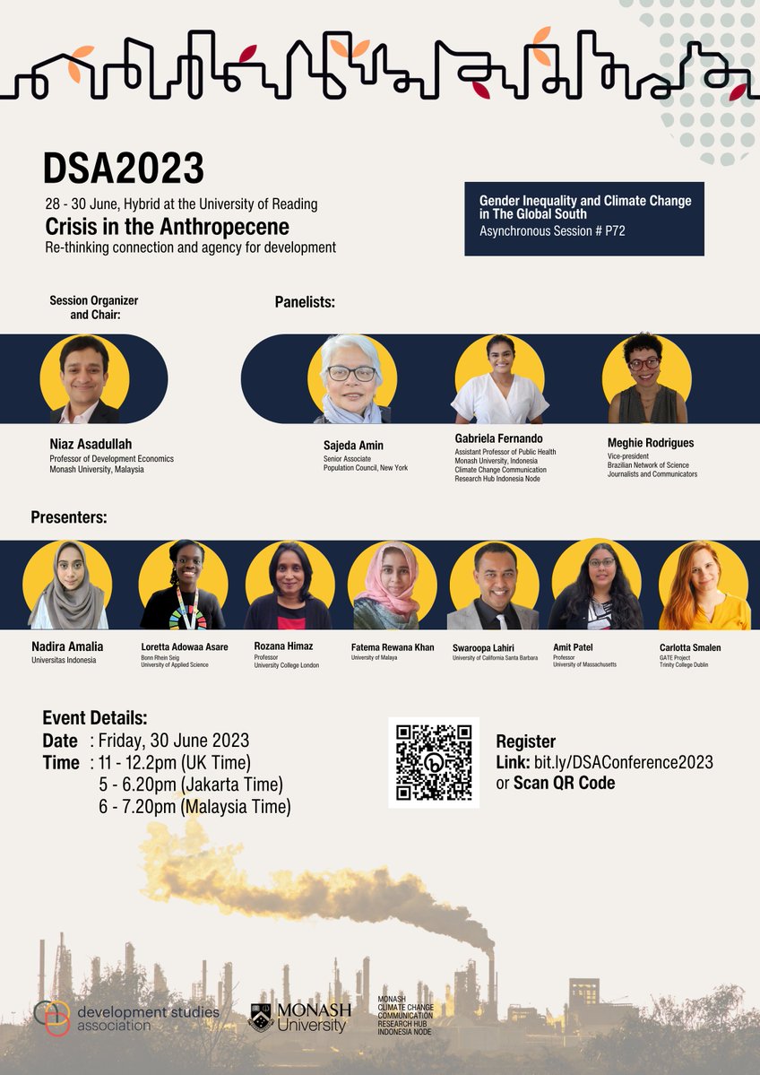 Look forward to chairing #DSA2023 conference session #P72 on #genderinequality & #climatechange with 3 panelists @sajedaamin, @meghier & Gabriela Fernando + 7 presenters @RozanaHimaz, @Patel_AmitV, @nadiramaliab Carlotta Smalen, Swaroopa Lahiri & Loretta Asare 

@devcomms