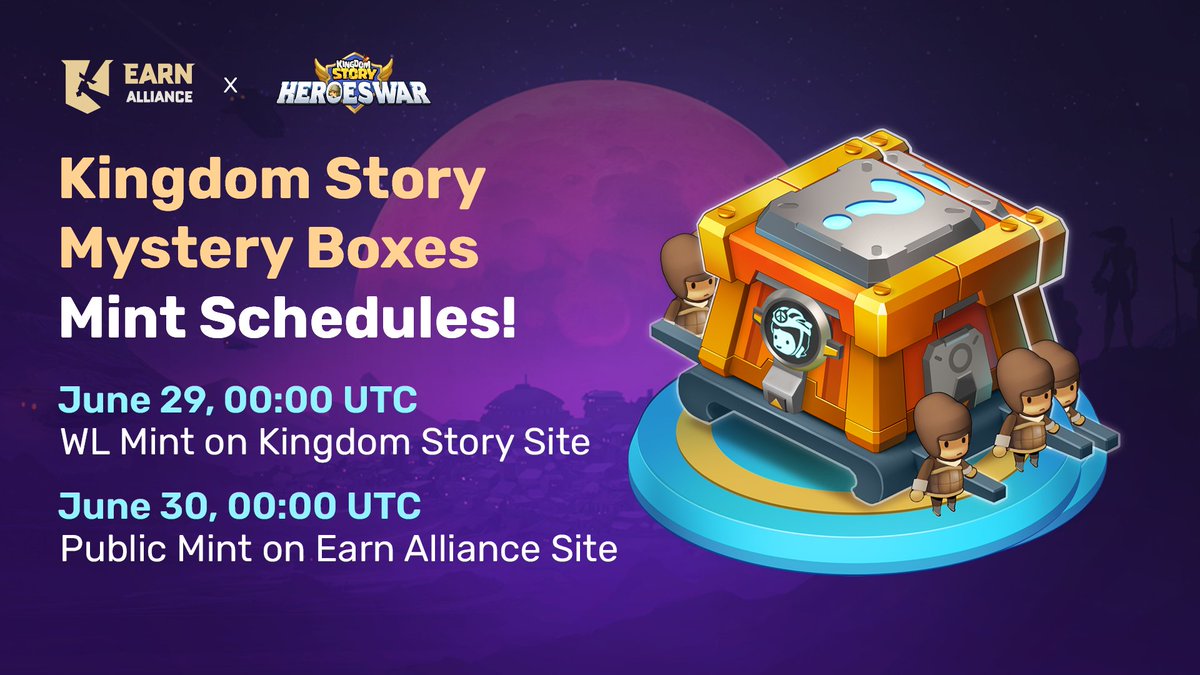 🔊ROCKET LAUNCHER ALERT - KINGDOM STORY!👩‍🚀

The <a href="/kingdomstorynft/">KINGDOM STORY: HEROES WAR</a> Mystery Boxes free mint starts June 30! 

Win WL spots by simply doing the ff:
1️⃣Follow <a href="/EarnAlliance/">Earn Alliance</a> &amp; <a href="/kingdomstorynft/">KINGDOM STORY: HEROES WAR</a>
2️⃣Like &amp; retweet this post
3️⃣Tag 3 friends

🥇Winners announced June 18!