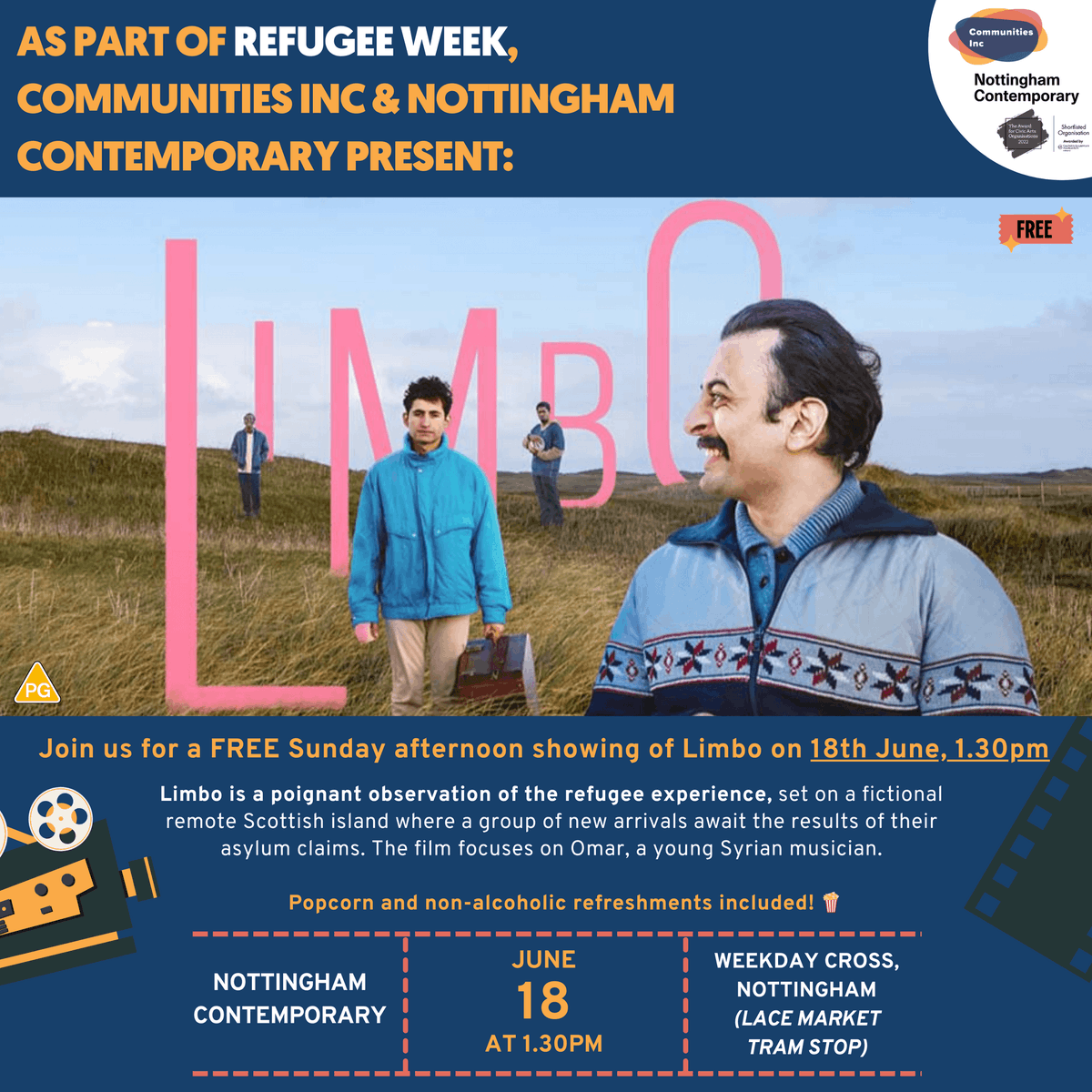1 week to go! ⏰ Next Sunday, we will be at Nottingham Contemporary for our community film showing of Limbo as part of Refugee Week, and you're invited! 🎞️ Get your FREE tickets now: eventbrite.co.uk/e/651768405847