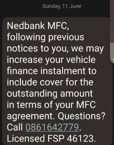 @mfc_sa, are you aware the these crooks, @motorhappy, is using your name blatantly in a phishing campaign? That 0861 number gets you to MotorHappy, not MFC. Be careful out there folks, lots of scams like this.