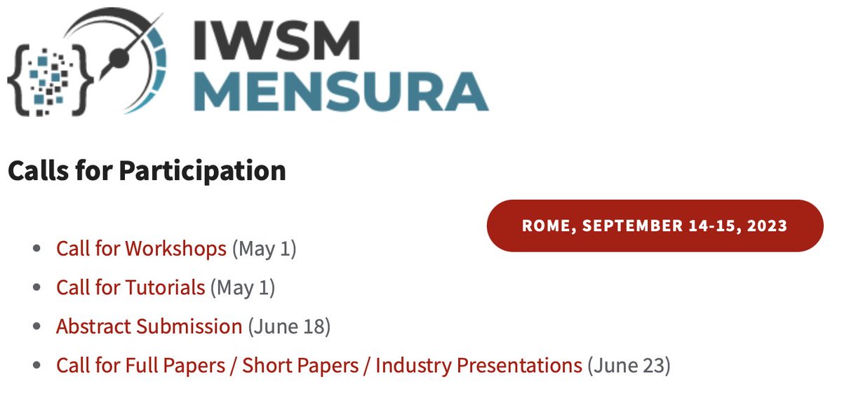 📢 Exciting news for software engineering and measurement enthusiasts! 🌟

🚨 Notice of deadline extension! 🚨 The submission deadline for the #IWSM23Mensure conference has been extended! 💪🏻

📝Pin the new dates and stay tuned ‼️iwsm-mensura.org
