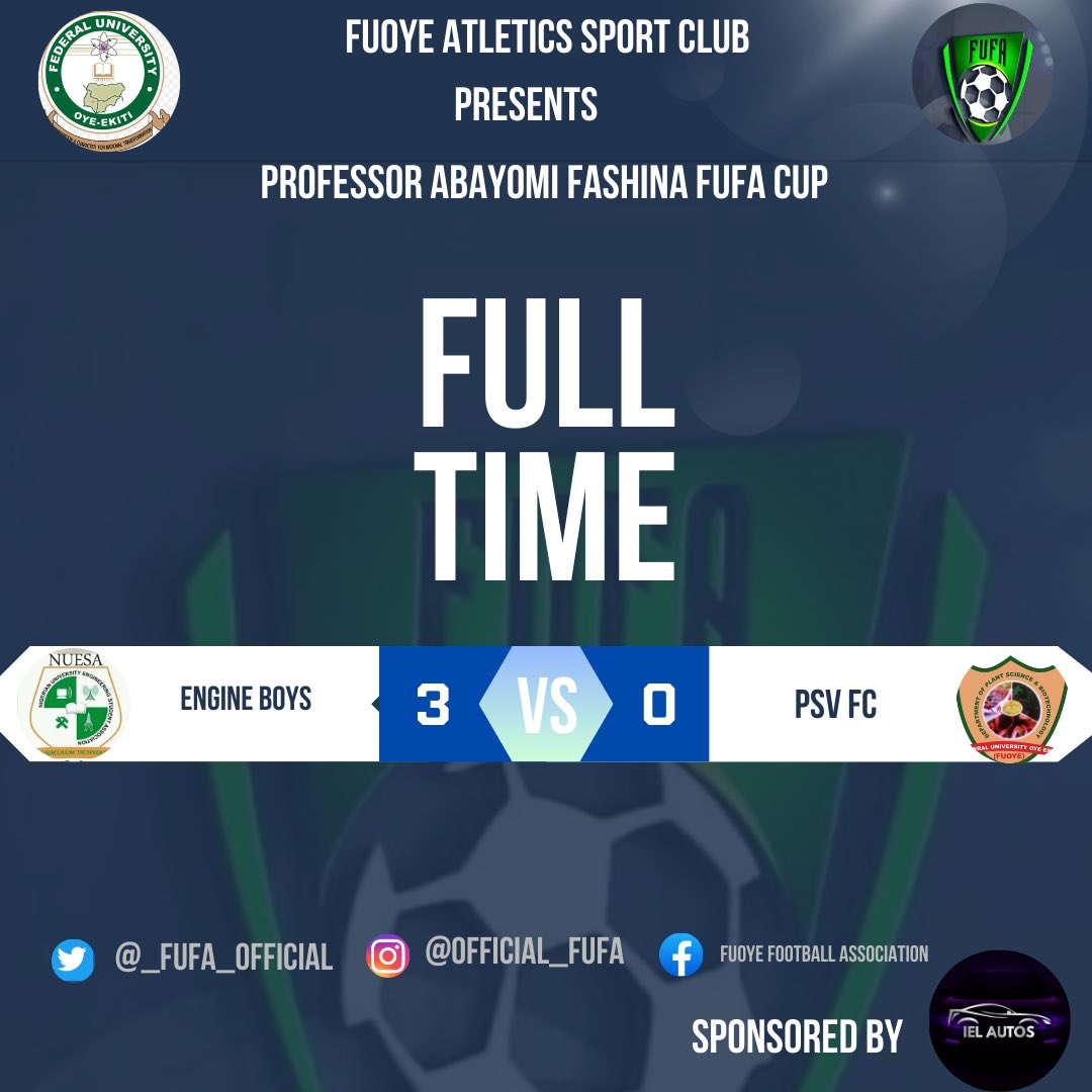 OFFICIAL_FUFA's tweet photo. Three points, three goals for the Engine Boys against PSV FC,
ESAN TIGERS, FASA GINGER,  each won by lone goal on Matchday.

PHYSICAL SCIENCE match against  TRACTOR BOYS to be concluded tomorrow 

#FufaCup
#FuoyeSports
#IelAutos
#fuoye
#fuoyehottest
#fuoyenews https://t.co/SrVbSFzOhL