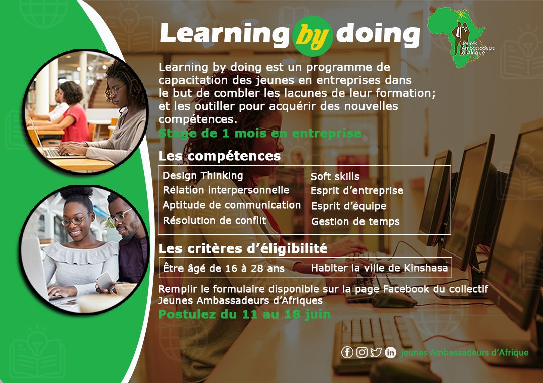 JeunesAmbassAfr's tweet photo. 🚀 Les candidatures pour Learning by doing 2023 sont ouvertes ! 
Rejoignez notre programme unique, stages pros en entreprises prestigieuses. Développez des compétences clés. 
Inscrivez-vous maintenant : https://t.co/dQaWCvxRHq
Période d'enregistrement : 11-18 juin. 
#JAA #Stage https://t.co/stqD9FkQ4P