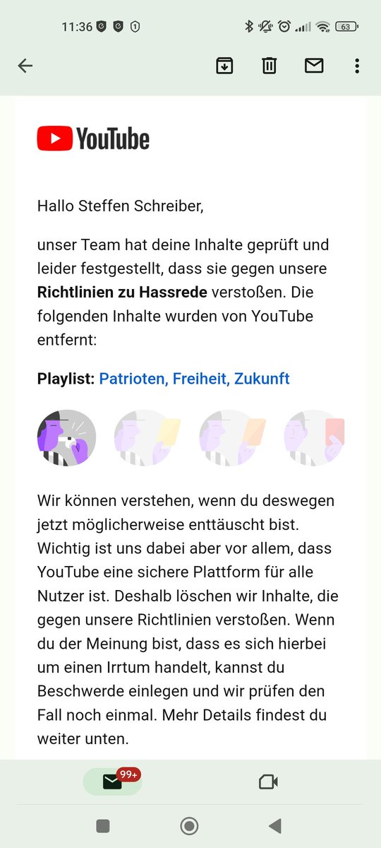 Da fällt mir nichts mehr ein:

#YouTube löscht meine Playlist in der ich nur Videos für mich von anderen gespeichert habe.

Der Name der Liste soll Hassrede beinhalten???
#Patrioten #Freiheit #Zukunft 

Wer kann dazu hilfreiche Informationen betragen.

Gern teilen.

Dankeschön!