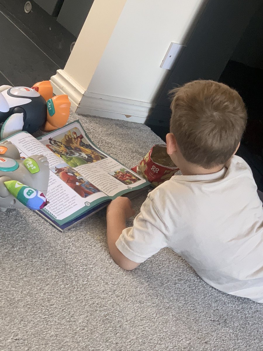 EvaBuchan's tweet photo. @OPALG_RC2223 Success! This morning Jack has quietly taken himself off with his snack and his new marvel storybook to practice reading unprompted! https://t.co/lJJsvRPO3a