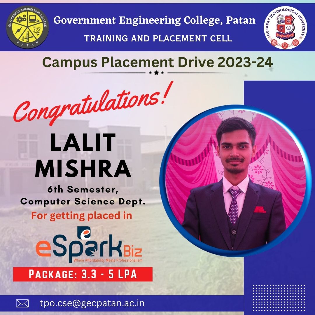 gec_patan's tweet image. 💫Campus Placement 💫

🎉 Congratulations to the talented students from the 6th Semester of the Department of Computer Science and Engineering at GEC Patan! 

#campusplacement
#esparkbiz