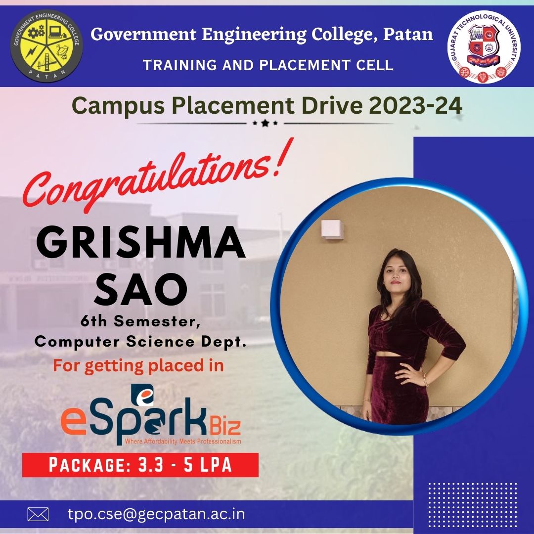 gec_patan's tweet image. 💫Campus Placement 💫

🎉 Congratulations to the talented students from the 6th Semester of the Department of Computer Science and Engineering at GEC Patan! 

#campusplacement
#esparkbiz
