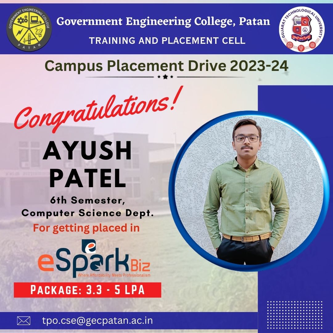 gec_patan's tweet image. 💫Campus Placement 💫

🎉 Congratulations to the talented students from the 6th Semester of the Department of Computer Science and Engineering at GEC Patan! 

#campusplacement
#esparkbiz