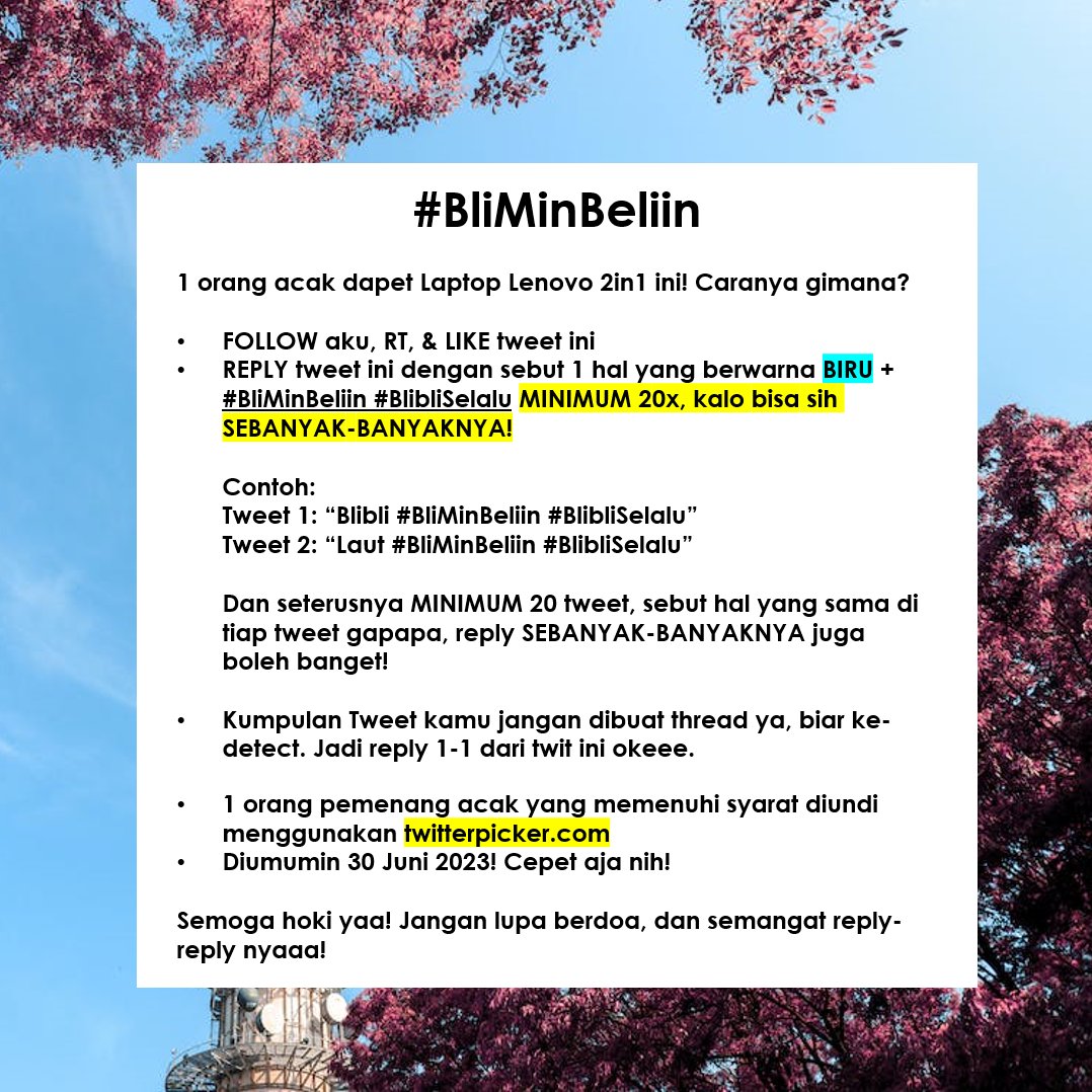Mau #BliMinBeliin laptop LENOVO ✨𝒈𝒓𝒂𝒕𝒊𝒔✨?

Cek gambar untuk caranya, yuk ikutan yaaa! Semangaaat &amp; jangan lupa berdoaaa! 👇

#BlibliSelalu 🌊