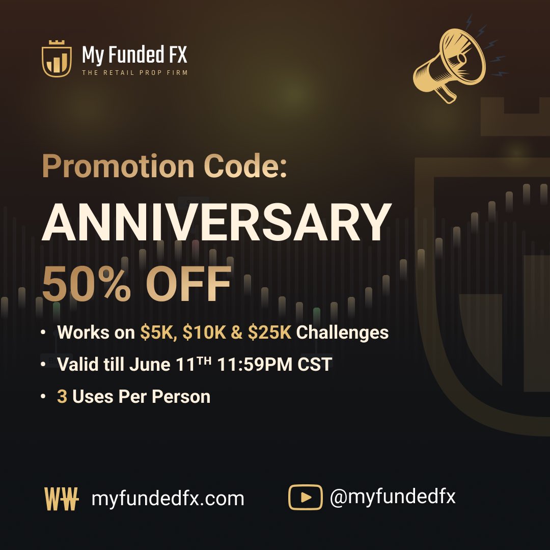 #MyFundedFX Birth present, A lifetime chance.
 
5⃣0⃣% OFF

💴 5K in only 25$
💴10K in only 50$
💴25K in only 100$

💲BUY:
myfundedfx.tech/purchasechalle…

#MyFundedFX #PropFirm #discountcode