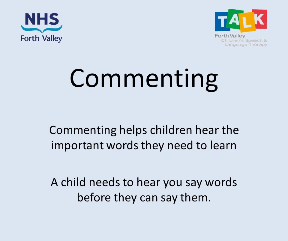 slt_fv's tweet photo. Commenting is a great way to give little ones a model of language.  Think about being a sports commentator:  use simple language to talk about what you  can see/what is happening. This lets children hear the right words at the right time. #sltfv #ChattyTuesday https://t.co/x6vYTs2cSY