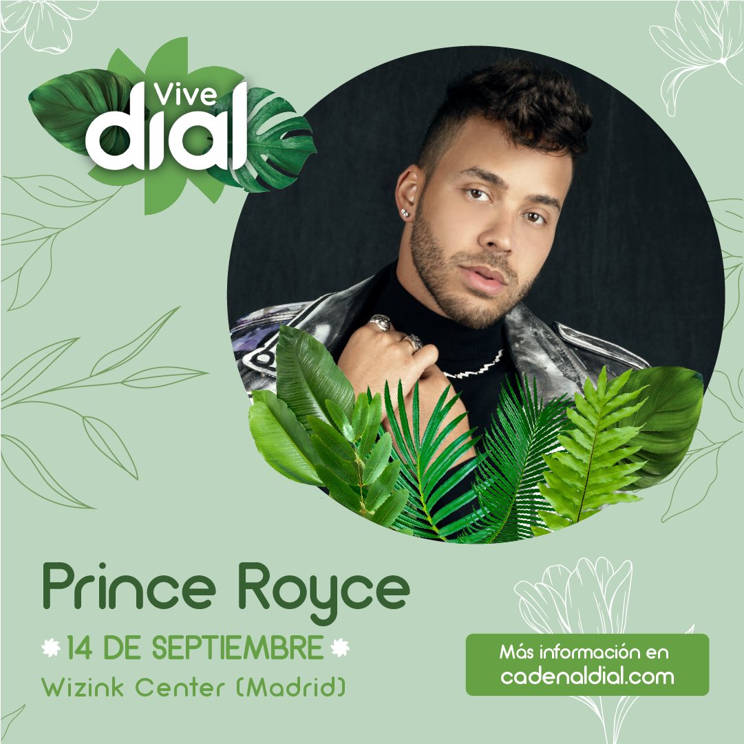 #ViveDial 🌿 7o ARTISTA CONFIRMADO
<a href="/PrinceRoyce/">Prince Royce</a> se suma al cartel para la gran cita con nuestra música el próximo 14 de septiembre.

▶️ ¡Vota en nuestra web por la canción que quieres que #PrinceRoyce interprete en el #ViveDial! 

🔗 cdial.es/4if6m