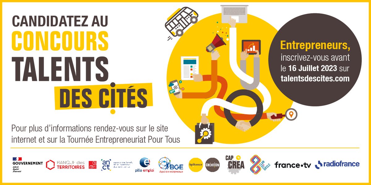 [Concours Talents des Cités] 

C’est parti pour la nouvelle édition ! Les candidatures sont ouvertes 🥳 C’est par ici que ça se passe, jusqu’au 16 juillet !
👉 talentsdescites.com 

#TousEntrepreneurs