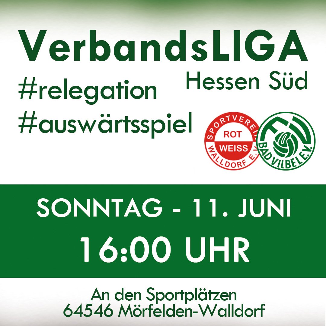 Heute fällt die erste Entscheidung. Nach dem 2:1 im Hinspiel heißt es heute erneut alles reinwerfen, um ins Endspiel der #Relegation einzuziehen.

Um 16:00 Uhr beginnt das Rückspiel bei RW Walldorf 2.

Gemeinsam für den Klassenerhalt.

#FVBV #badvilbel #gruenweiss #verbandsliga