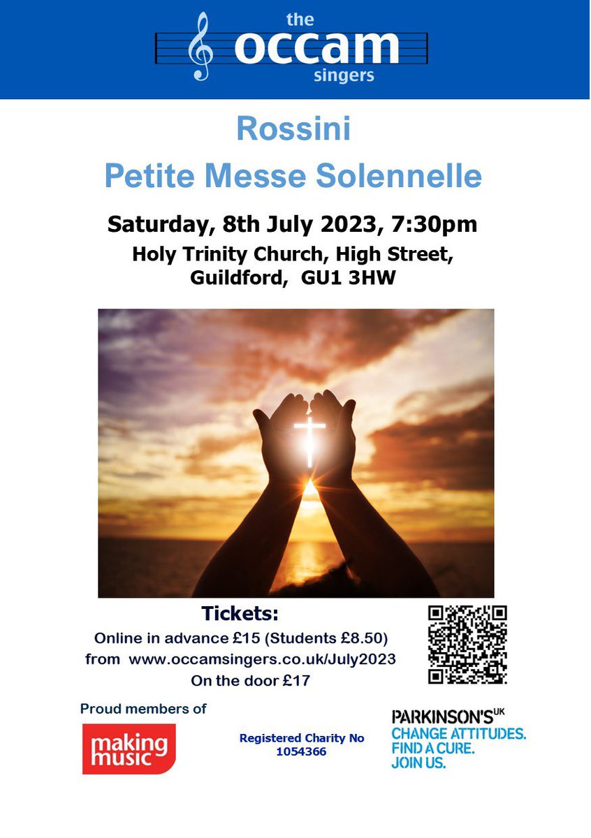 This concert is going to be lovely! If you would like to join our friendly choir, do check out our website occamsingers.co.uk or come to one of our rehearsals on a Sunday evening at 7.15pm at Onslow Village Hall in Guildford.