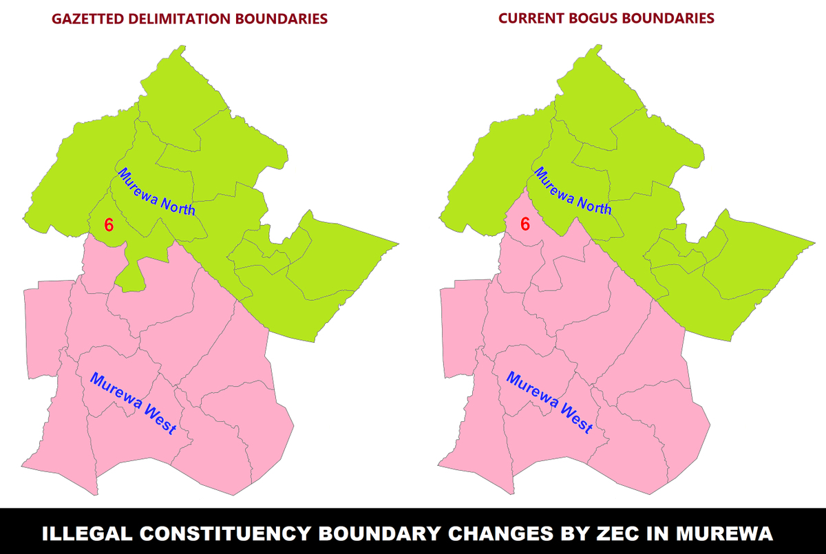 PacheduZW's tweet photo. In Murewa, ZEC has illegally changed the gazetted delimitation boundary by moving Ward 6 from Murewa North to Murewa West Constituency.

It is imperative for ZEC to come forward and explain to the nation why they secretly changed many boundaries AFTER delimitation ended.

@ZECzim https://t.co/zXIMjMvaSC