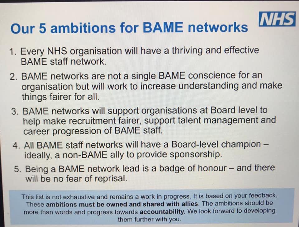 3 years ago today, the then NHSChief People Officer .<a href="/Prerana_Issar/">Prerana Issar</a> introduced 5 ambitions for Minority Ethic Staff Networks. I wonder how far our NHS has progressed?