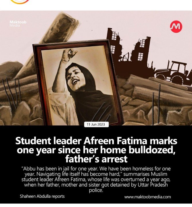 anwar_aboo's tweet photo. Abbu has been in jail for one year. We have been homeless for one year. Navigating life itself has become hard,” summarises Muslim student leader #AfreenFatima, whose life was overturned year ago, when her father, mother and sister got detained by #UttarPradesh #Police . https://t.co/MveAUQ8Ajl