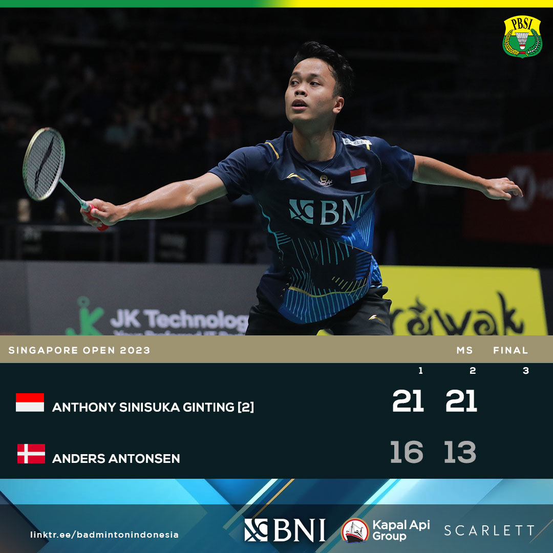 INABadminton's tweet photo. Anthony Sinisuka Ginting menjuarai turnamen bulutangkis Singapore Open 2023. Ini merupakan gelar kedua setelah tahun 2022.

Selamat atas prestasi yang membanggakan!

#SingaporeOpen2023 https://t.co/TvIuT6bbRV