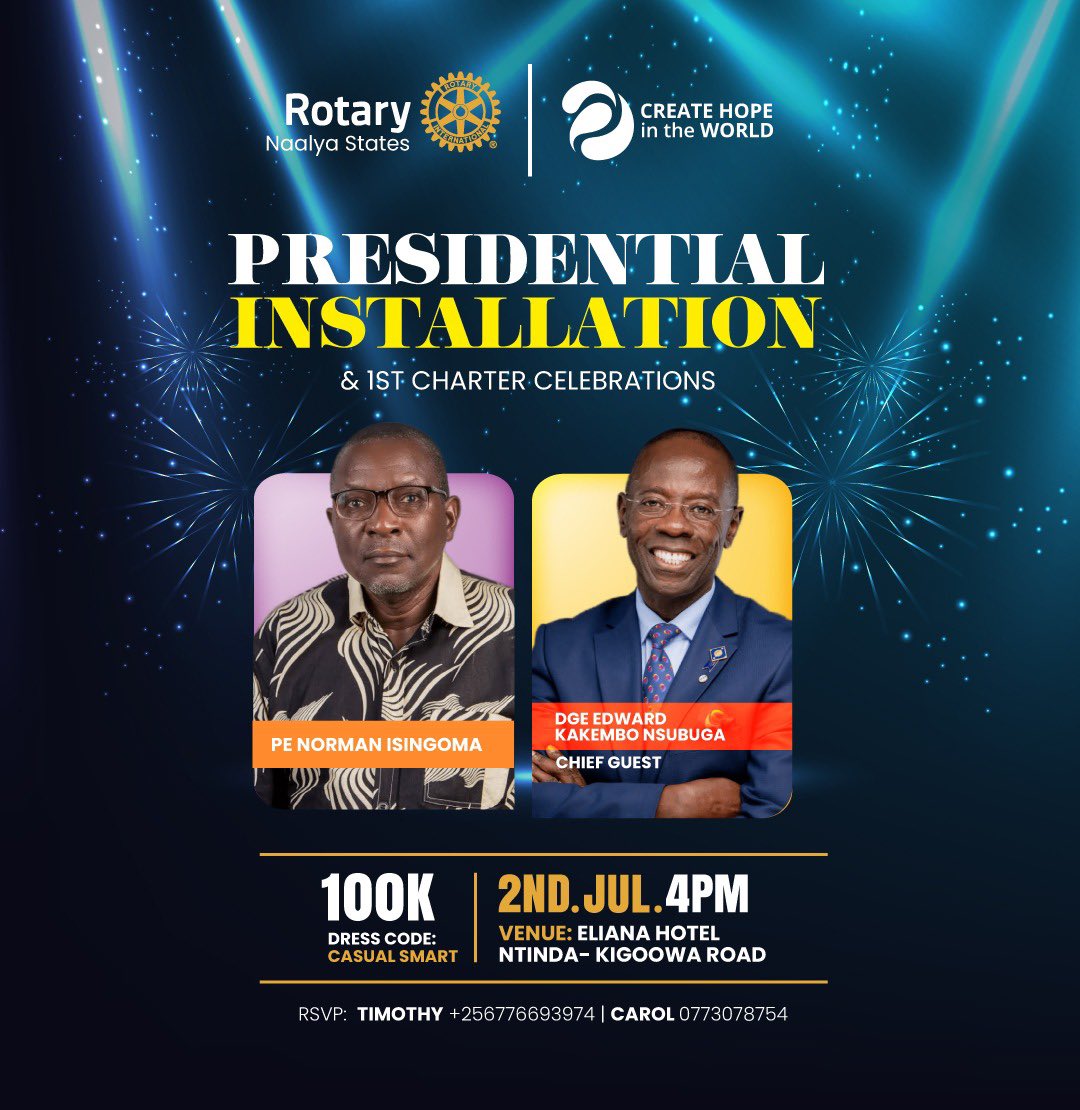 Good afternoon rotarians, Today, we meet and discuss the final touches to our charter night and installation. The cards will also be on sale at only 100k. You can buy for your friends and family too.