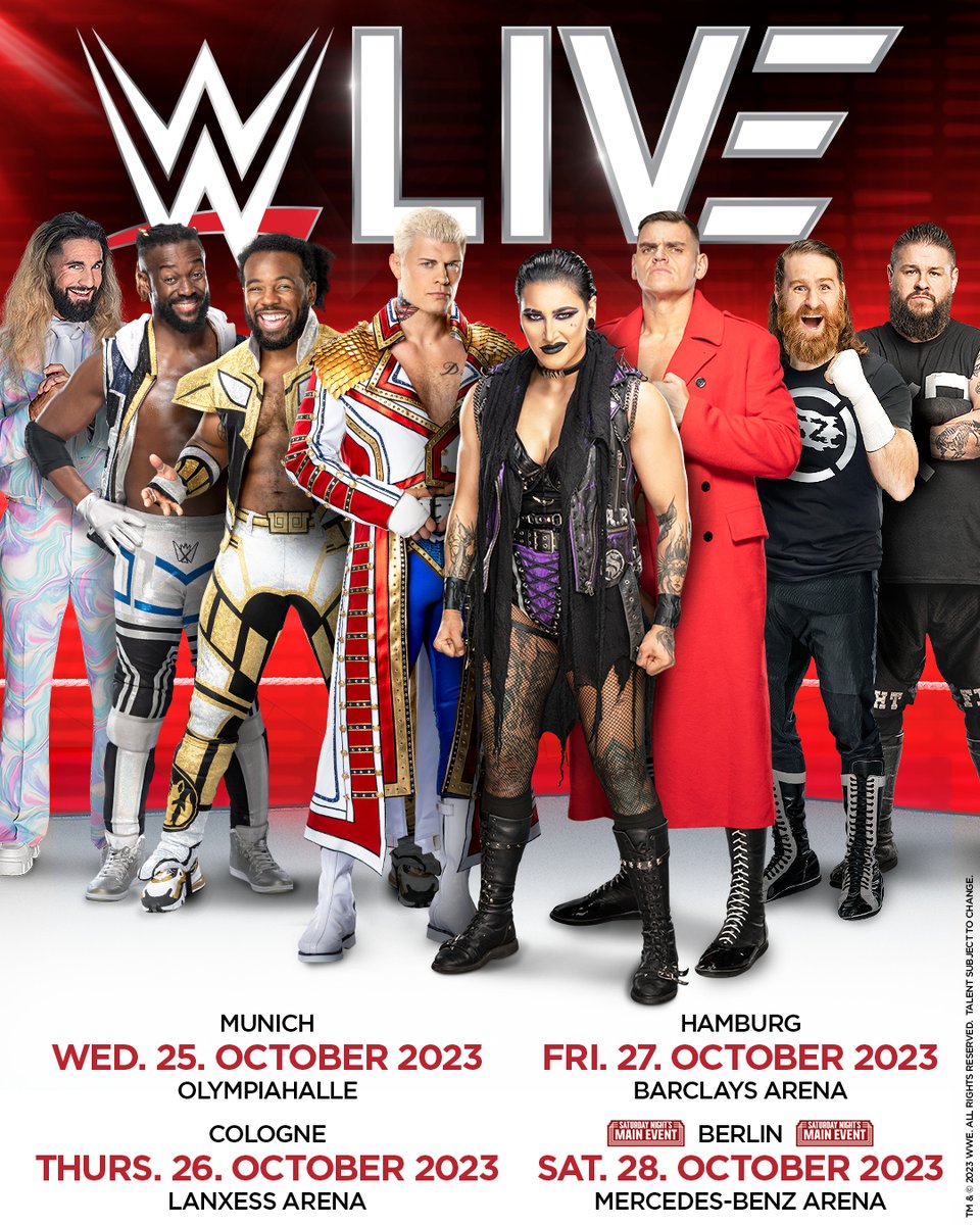 WWE's tweet image. BREAKING: WWE returns to Germany this October!

October 25: Olympiahalle in Munich 
October 26: Lanxess Arena in Cologne 
October 27: Barclays Arena in Hamburg 
October 28: Mercedes-Benz Arena in Berlin

Tickets are available this Friday! Details 👉 ms.spr.ly/6014gcLvw