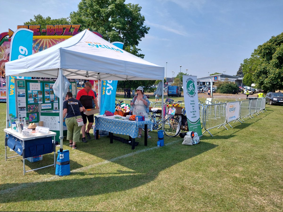 StevenageCTC's tweet photo. Our joint stall with @SGCyclingHub is looking really great. Pop down to King George V playing fields to see us at #StevenageDay come by bike - secure parking is next to us!! https://t.co/J2ojGmXmYY