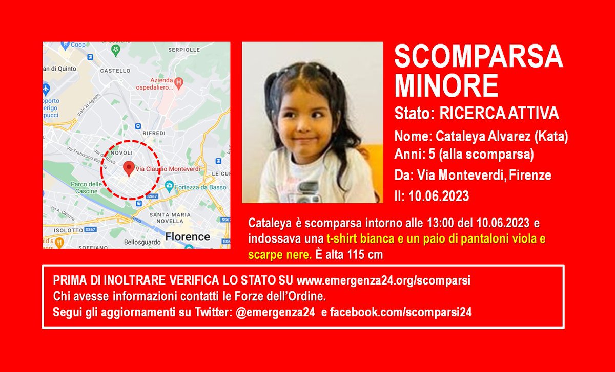 Emergenza24's tweet image. SI CHIEDE LA MASSIMA CONDIVISIONE
UPDATE [11.06-12:20] CONTINUANO RICERCHE  
+++ MINORE #SCOMPARSA (5 anni) +++
Via Claudio Monteverdi #Novoli #Cascine #Firenze 
Intorno alle 13:00 di ieri 10.06.23
Chi avesse informazioni informi le Forze dell’Ordine
 Informazioni e…