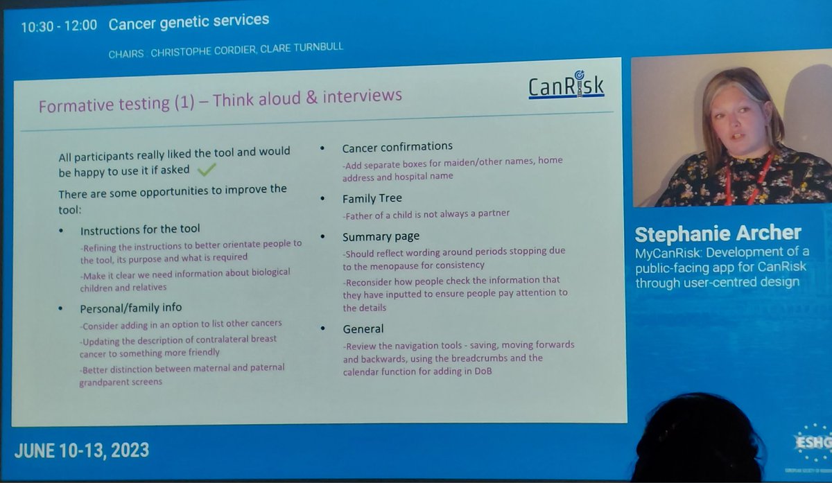 @Stephthepsych @CCGE_Cambridge sharing progress on the development of a patient/public-facing app for CanRisk using user-centred design, to improve information collection in a timely way 
#ESHG2023