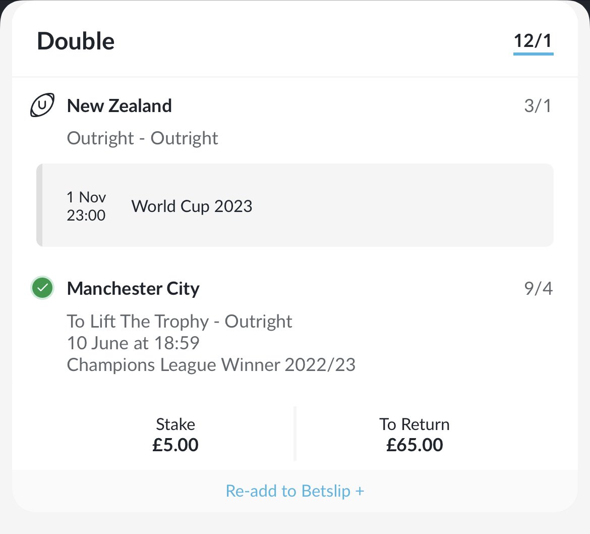 Over 55k (return) if the @AllBlacks win the @rugbyworldcup @France2023 

Another bet landed, thank you @ManCity