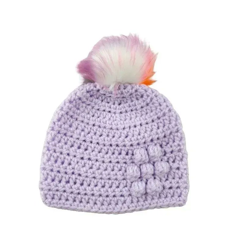 Lilac baby crocheted hat with flower detail and detachable white faux fur pompoms with purple pink & orange tips buff.ly/3N33jFn #knittingtopia #etsy #handmade #tweetuk #etsyRT #pompomhats #babyhat #babyclothes #uksmallbiz #MHHSBD #craftbizparty