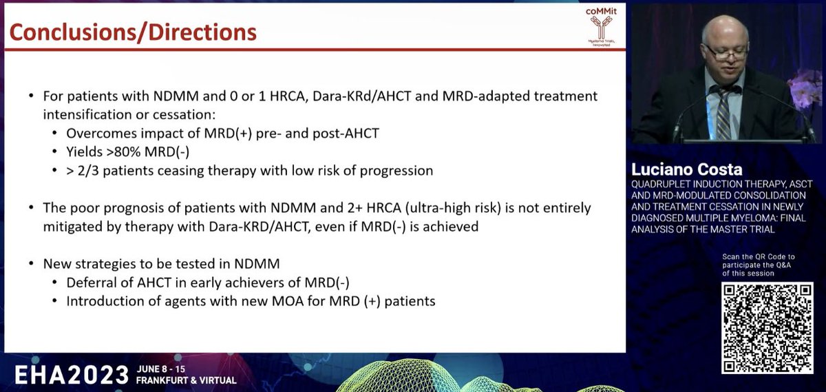 Outstanding final results of first-in-concept trial of MRD adapted treatment modulation! Look forward to improving the outcomes of this problem subgroup with novel approaches in MASTER2 @End_myeloma @bhemato @smith__giri @DholariaMD @TMSchmidtMD @MeeraMohanMD @rajshekharucms