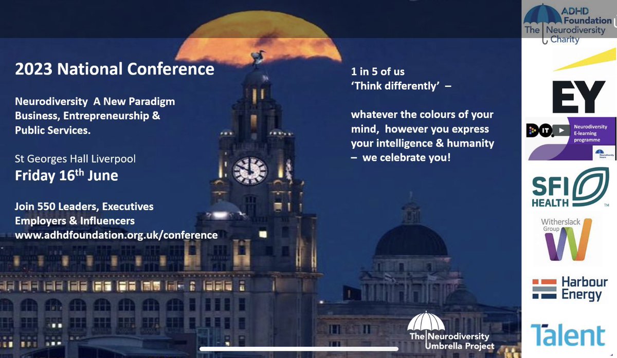 The UK 2023 Annual National Conference-‘Neurodiversity-A New Paradigm’ Friday 16th June Liverpool☂️Join 500 leaders & visionary thinkers, entrepreneurs, executives & public sector leaders in 5 breakout forums £240 -Business, Health, Education & HE, Justice eventbrite.co.uk/e/neurodiversi…