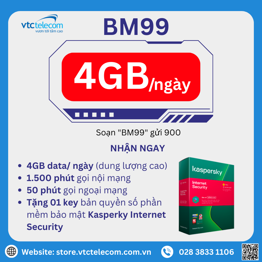 VTCTelecom_VNPT's tweet image. 🚀 LƯỚT WEB THẢ GA VỚI DATA LÊN ĐẾN #4GB/NGÀY 

TẶNG KÈM PHẦN MỀM DIỆT VIRUS #KASPERSKY trị giá 280,000đ
1500 phút gọi di động nội mạng VinaPhone
50 phút gọi di động ngoại mạng 
Soạn BM99 gửi 900 ngay hôm nay