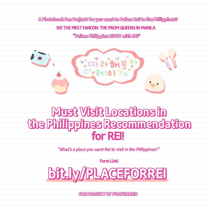 FORSUNREIS's tweet photo. (📣) We're calling all Filo DIVEs &amp; Reikkomis to join us in our Photobook Fan Project: Place Recommendation for REI! 🎧

[ONLY FOR PH DIVES]

#FollowPHDIVES #ALLFORREI 🐥👑

Form: https://t.co/cdkr5uIbI8

#IVE #아이브 #레이 #REI #レイ #IVE_ThePromQueens_InManila #IVEinManila https://t.co/MbdaSgZHSS