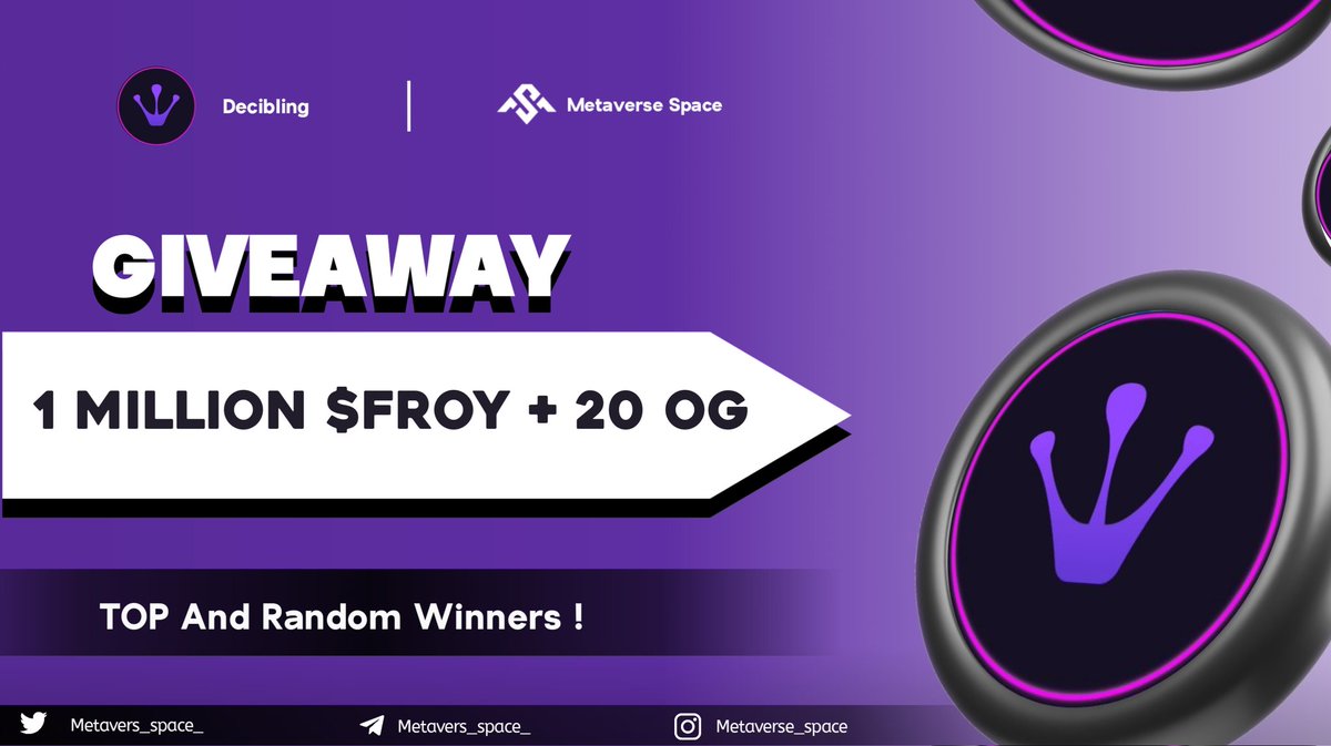 Metaverse Space (@metavers_space_) on Twitter photo 1 MILLION $FROY + 20 og Airdrop 🎉🎉
🏅Top 1-20 & 800 Random Winner🏆
To Enter ⤵️
✅ Follow <a href="/decibling/">Decibling 🎶Ver.2 | Testnet</a>
✅ Like Rt/Tag 5 Frnds
✅ complete all task 👉 gleam.io/Bufkf/decibling
3 day⏳
#bigairdrop #Giveaway #Tokengiveway #airdrop #airdroptoken #Rendom 1 MILLION $FROY + 20 og Airdrop 🎉🎉
🏅Top 1-20 & 800 Random Winner🏆
To Enter ⤵️
✅ Follow <a href="/decibling/">Decibling 🎶Ver.2 | Testnet</a>
✅ Like Rt/Tag 5 Frnds
✅ complete all task 👉 gleam.io/Bufkf/decibling
3 day⏳
#bigairdrop #Giveaway #Tokengiveway #airdrop #airdroptoken #Rendom