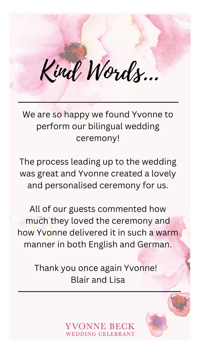 I am so touched by the kind words of my couples, and this was so lovely to receive from Blair today, who took the time to say how much they enjoyed their bilingual ceremony and how their guests also felt special and included.