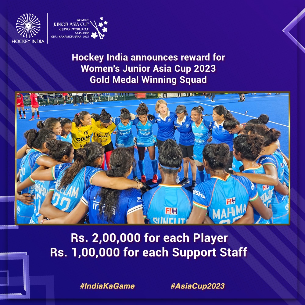 TheHockeyIndia's tweet photo. Such historic achievements deserves a great reward 😍

Hockey India announces the Players will receive a cash prize of Rs. 2 lakhs each and Support Staff will receive a cash prize of Rs.1 lakh each for clinching their maiden Women's Junior Asia Cup 2023 Title.

#HockeyIndia #IndiaKaGame #AsiaCup2023