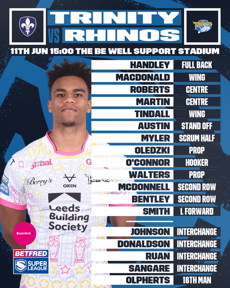 Rohan Smith has named his starting line up to face Wakefield this afternoon, Leon Ruan will make his debut with Liam Tindall coming onto the wing for Derrell Olpherts
🤝 In partnership with <a href="/BoardrmUK/">Boardrm</a> #YourFutureOurPassion
